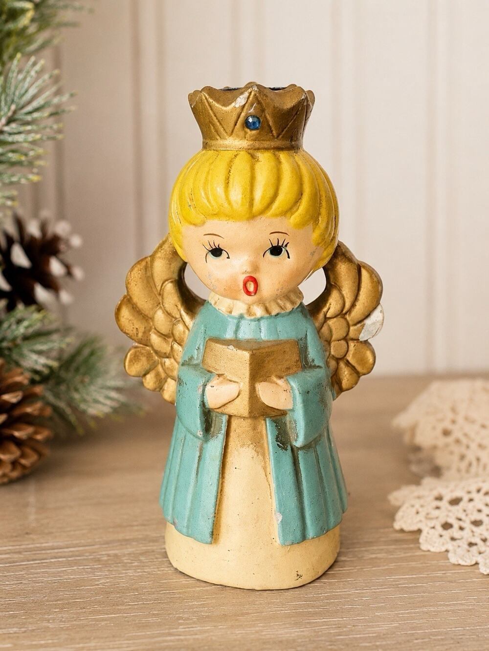 Vtg Chalkware Angel Taper Candle Holder 7” Wearing Gold Crown Choir Hymn Japan